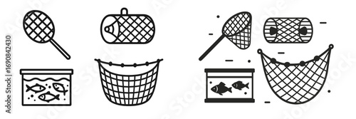 Icon set of fishing and aquarium equipment with various nets, fish traps, and tanks for catching or keeping aquatic pets