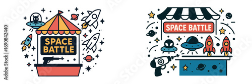 Retro carnival shooting gallery game with a space battle theme featuring alien and rocket ship targets and a toy ray gun