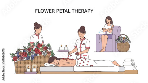 Serene flower petal therapy session with professional masseuse and client relaxing on a bed surrounded by nature s blooms