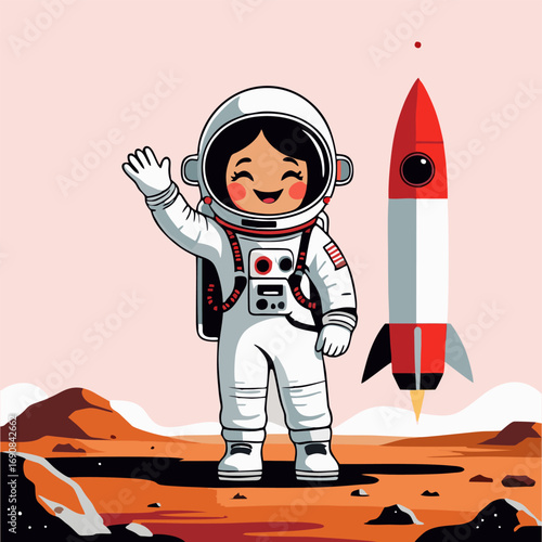 A playful depiction of a cheerful astronaut in a bright spacesuit, adjusting the controls in the rocket's cockpit, while a small robot companion excitedly displays a map of Mars.