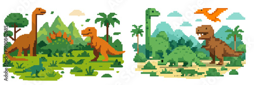 Pixel art dinosaurs in a prehistoric landscape with mountains and trees, including T-Rex, Brachiosaurus, and Stegosaurus