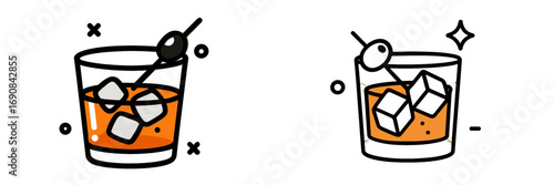 Set of two classic cocktail icons with whiskey on the rocks in a tumbler glass with an olive garnish, simple line art design