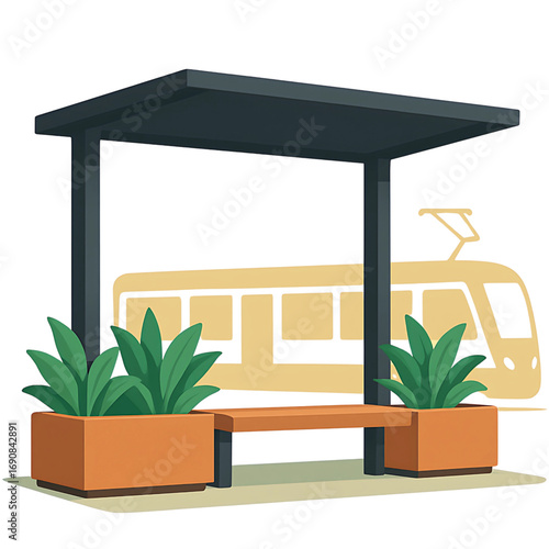 Urban public transport stop with a bench and plants, featuring a stylized tram in the background