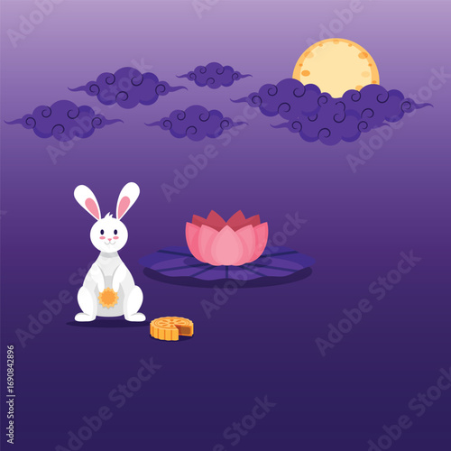 Mid autumn festival greeting card, poster, banner design with cute bunnies, lanterns, moon cakes, Chinese text Mid Autumn. Flat style vector illustration. Festive elements for holiday celebration.