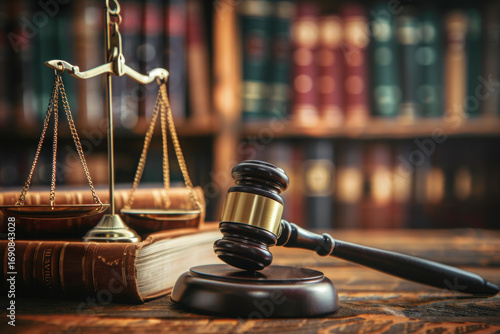 Scales of justice, court gavel, and law books on wooden table, classic library background with warm lighting, legal photography style