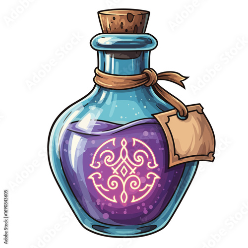 A magical fantasy potion in a blue glass bottle with a glowing purple liquid and a cork stopper.
