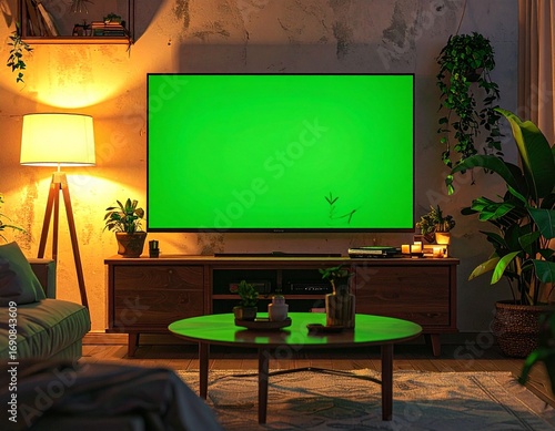 Cozy living room at night with a large television featuring a green screen for mockup.