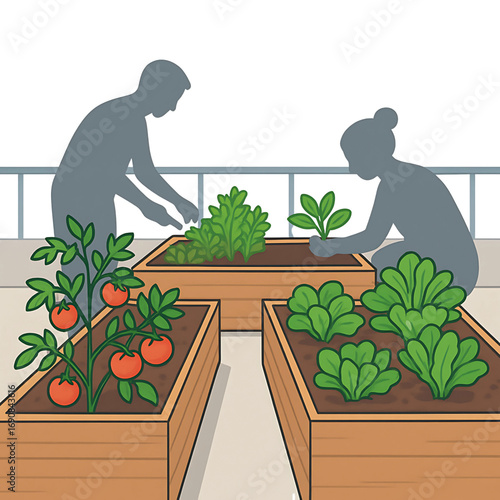 Man and woman tending to their rooftop vegetable garden with raised planter boxes, practicing urban farming for a sustainable lifestyle