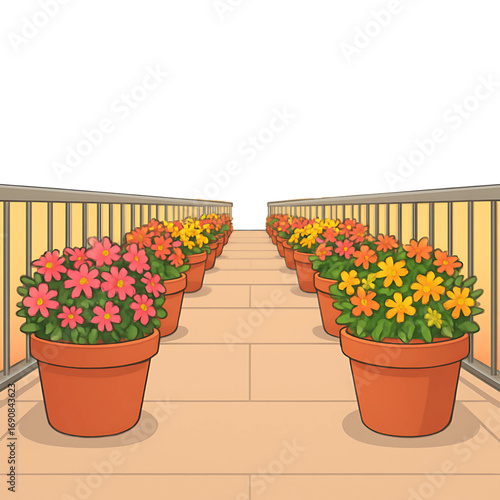 Vibrant Flower Pots on a Balcony A Cheerful, Colorful Display