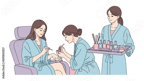 Professional makeup artist applying cosmetics to a client in a salon chair with a beauty technician holding makeup brushes and products