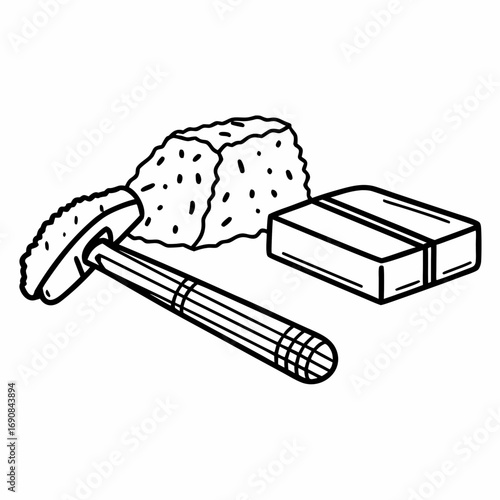 Illustration of a safety razor with a textured handle, a sponge, and a rectangular soap bar in black outline