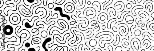 Abstract black and white seamless pattern with hand drawn organic shapes, chaotic lines, and modern minimalist doodle elements
