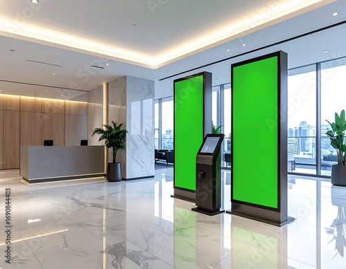Modern office lobby with a reception desk, marble floors, and two large vertical green screen digital displays.
