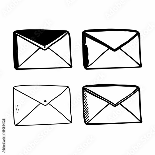 Four hand drawn envelopes in black and white with varying levels of shading and line thickness style