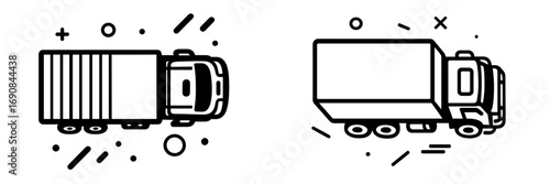 Set of two truck icons in a minimalist line art style showing top down and side profile views for transportation and logistics