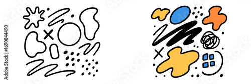 Set of abstract hand-drawn doodle shapes and minimalist graphic elements for modern design, collection of scribbles, lines, and artistic patterns