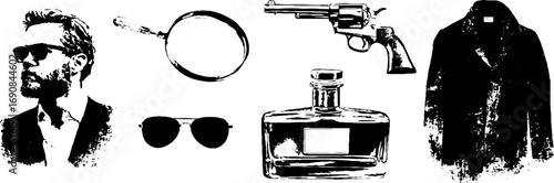 Black and white grunge illustration set - detective theme with magnifying glass, coat, and gun
