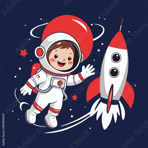 A colorful illustration of a cute astronaut with a joyful expression, surrounded by space-themed stickers in their rocket, as they prepare for liftoff with Mars glowing in the distance.