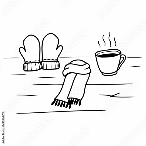 Illustration of mittens scarf and steaming cup of coffee on a wooden surface in black and white style