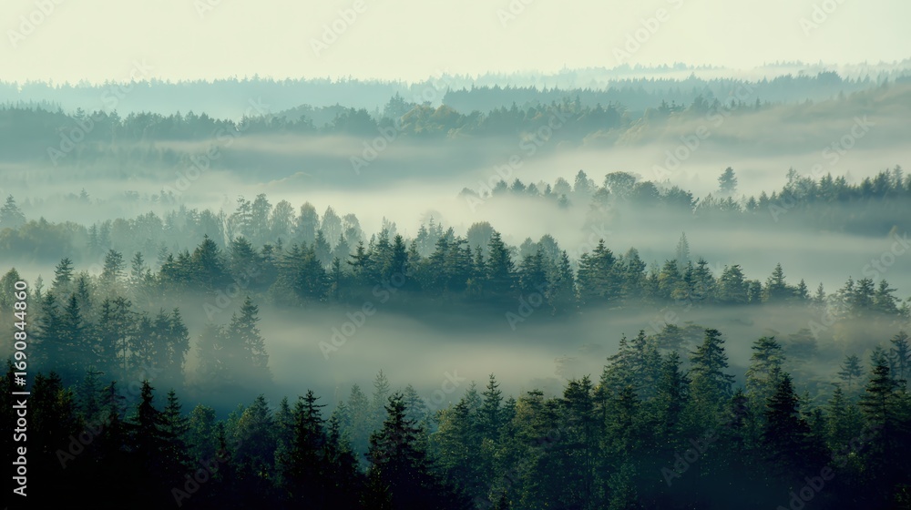 Fototapeta premium Misty forest landscape with evergreen trees and soft morning light