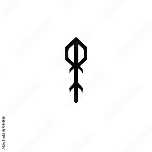 A minimalist black geometric symbol resembling a runic stave magical spear or tribal arrow.