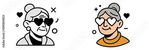 Happy elderly woman with gray hair and heart shaped sunglasses showing love and affection, character icon set in color and monochrome