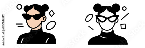 Minimalist icon set featuring a stylish woman with a double bun hairstyle and sunglasses, designed as a modern female avatar or user profile picture