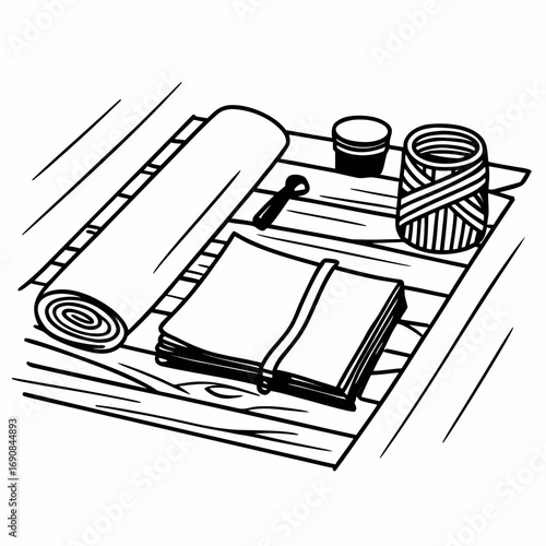 Still life drawing of yoga mat journal and yarn on wooden surface in black and white illustration