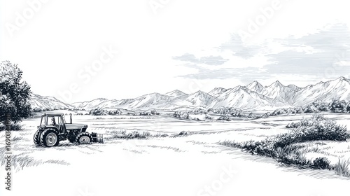 Tranquil Landscape with Tractor and Majestic Mountains in Distance