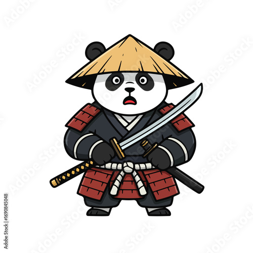 A cartoon panda wearing samurai armor and hat holding two swords with a surprised expression