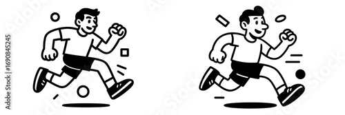 Black and white line art cartoon character of a man running for fitness and exercise. Simple graphic icon of a male athlete jogging or sprinting for a healthy lifestyle