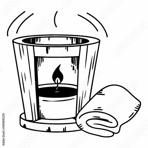 Illustration of a candle in a wooden holder with steam and a rolled towel on a white background scene