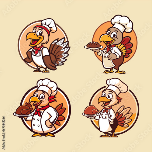 Cute cartoon turkey chefs in chef's hats and aprons, holding platters of roasted turkey.