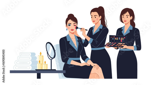 Professional makeup artists applying cosmetics to a businesswoman in a studio setting with beauty products and tools for a polished look