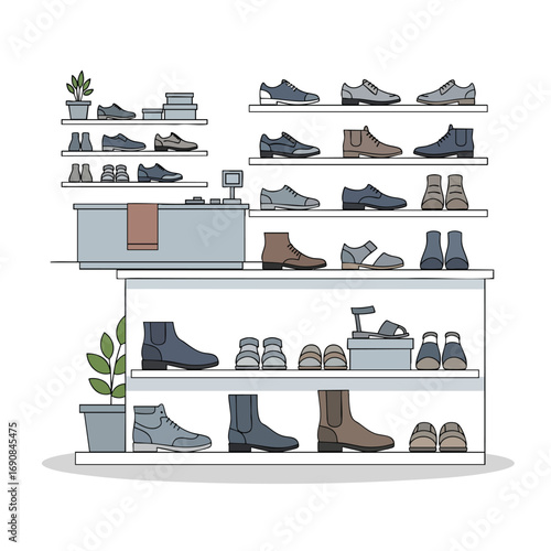 A modern shoe store interior illustration with shelves displaying various types of footwear.