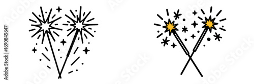 Sparkler icon set for celebration and holidays, festive firework light for New Year's Eve party, simple line art design element isolated on white background