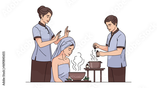 Two spa professionals giving a relaxing hair washing and treatment to a client in a serene spa environment with natural elements