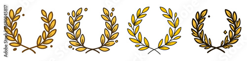 Set of golden laurel wreaths in a hand-drawn doodle style, collection of victory and honor symbols, award icons isolated on a white background