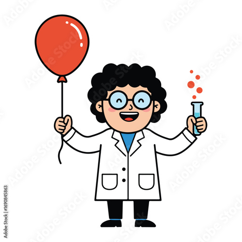 A cartoon scientist holds a red balloon and a test tube with bubbles He wears glasses a lab coat and has curly hair