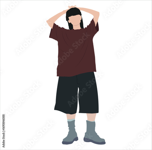 Trendy Girl in Burgundy Oversized T-Shirt and Black Shorts