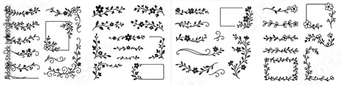 Collection of hand drawn floral dividers and borders with delicate flowers and leaves, elegant corner frames and decorative swirl elements for wedding invitations and page decoration