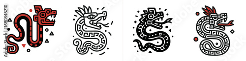 Set of Aztec Quetzalcoatl feathered serpent icons in ancient Mayan style, mythological dragon symbols for tribal tattoo or ornament design