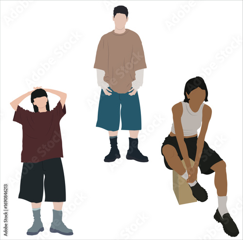Trendy Youth Streetwear Trio in Oversized T-Shirts and Shorts
