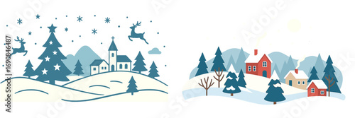 Festive winter holiday scenes featuring a snowy Christmas village with a church and reindeer, and a cozy mountain cabin landscape in the snow