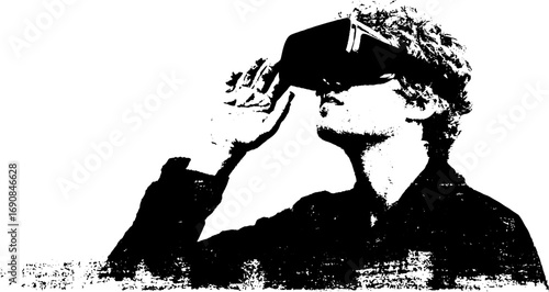 Grunge black and white illustration of man wearing virtual reality headset for urban design