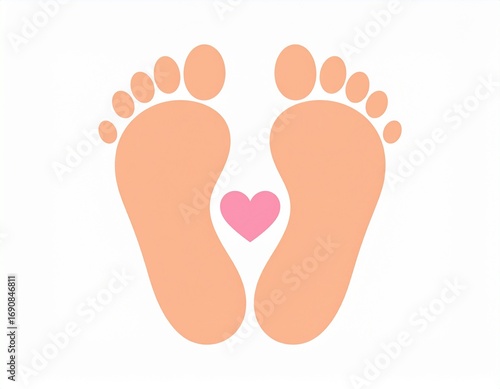A simple and clean illustration of human footprints with a pink heart icon, symbolizing foot care, love, health, and podiatry services