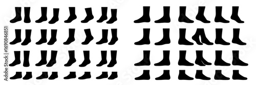 Collection of black sock silhouettes in various styles and lengths including ankle and crew socks shown on and off feet