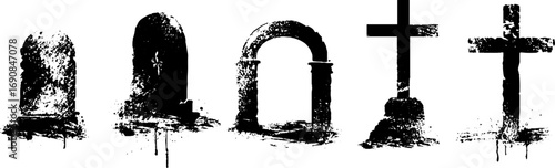 Grunge black and white tombstone silhouette set for halloween decoration and design