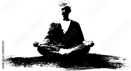 Grunge black and white meditation silhouette - yoga pose for mindfulness and tranquility