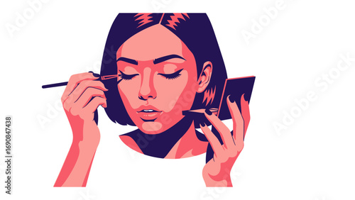 Close up of a young woman applying eyeshadow with a brush while looking in a compact mirror a beauty ritual